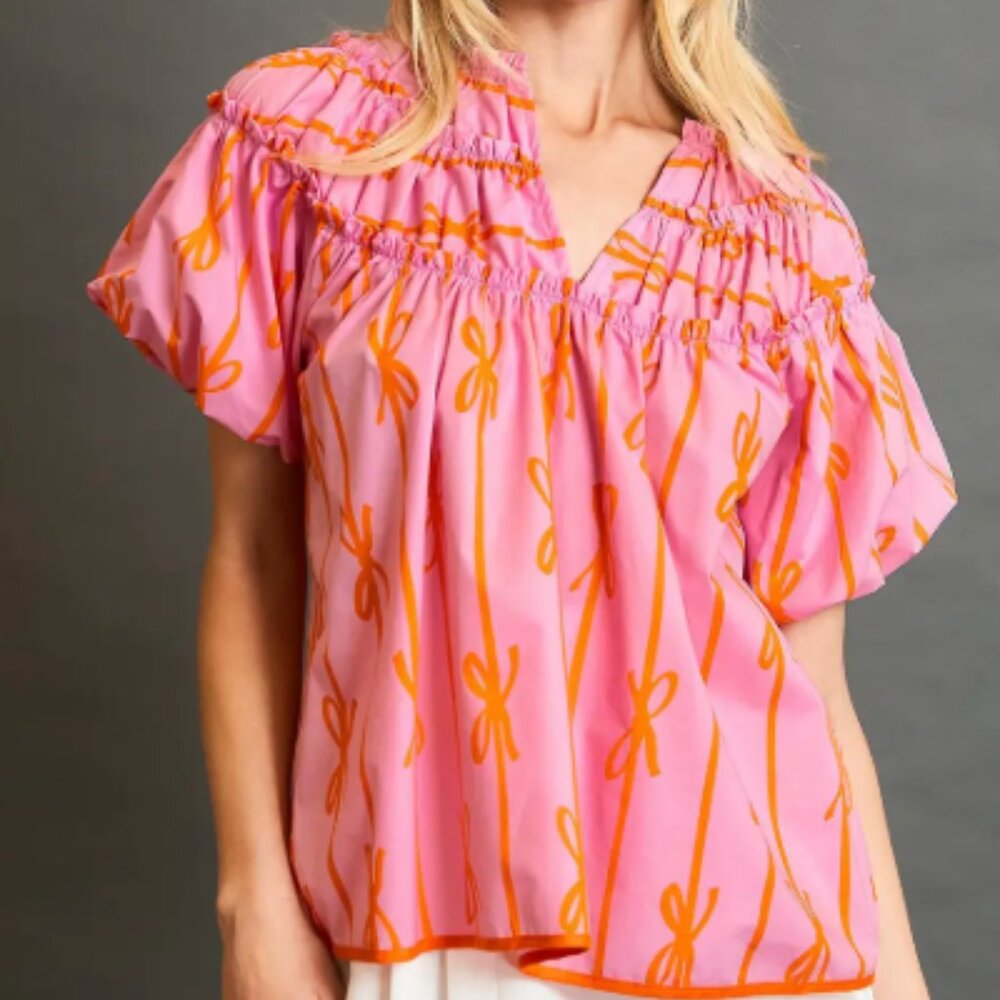 172.Ribbon Print Shirring Neckline Top